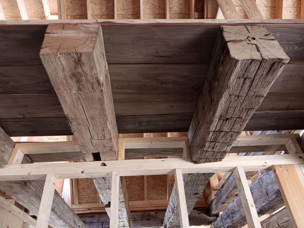 Wooden beams in roof construction close-up