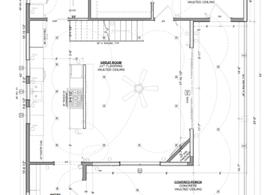 Main floor plan with labeled rooms and dimensions.