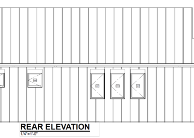 Rear elevation architectural drawing with windows.