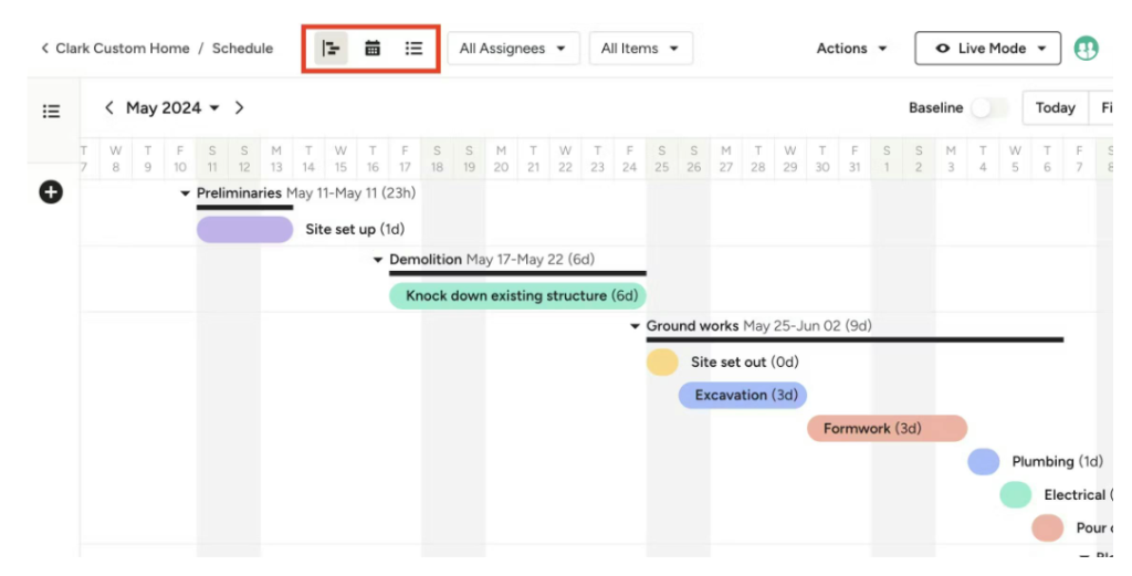 Construction project schedule with tasks and timelines.